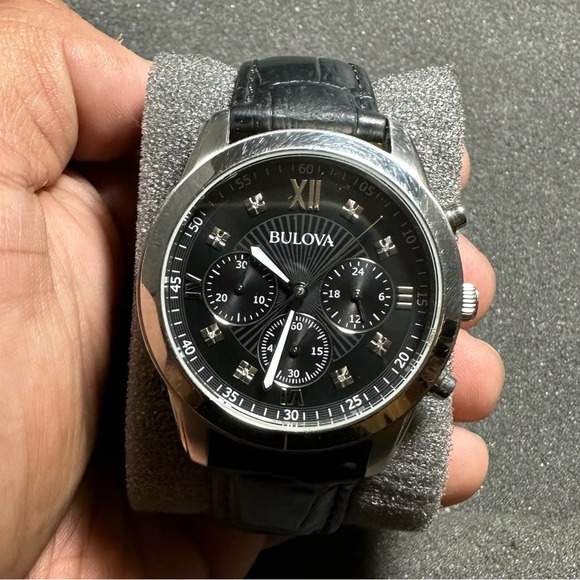 Bulova Men's Chronograph Diamond Accent Black Leather Strap Watch 40mm 96D134